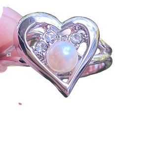 Silver Pearl Filigree Heart Ring Crystal Accents Size 6